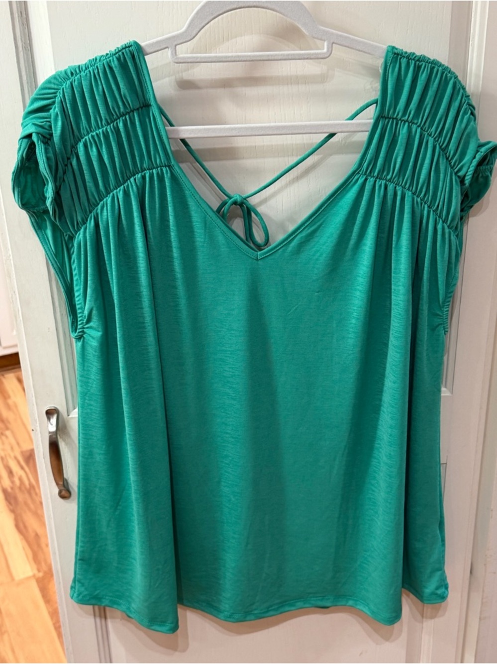 Dear Scarlett Smocked Cap-Sleeve V-Neck Tunic in Teal with Back Tie